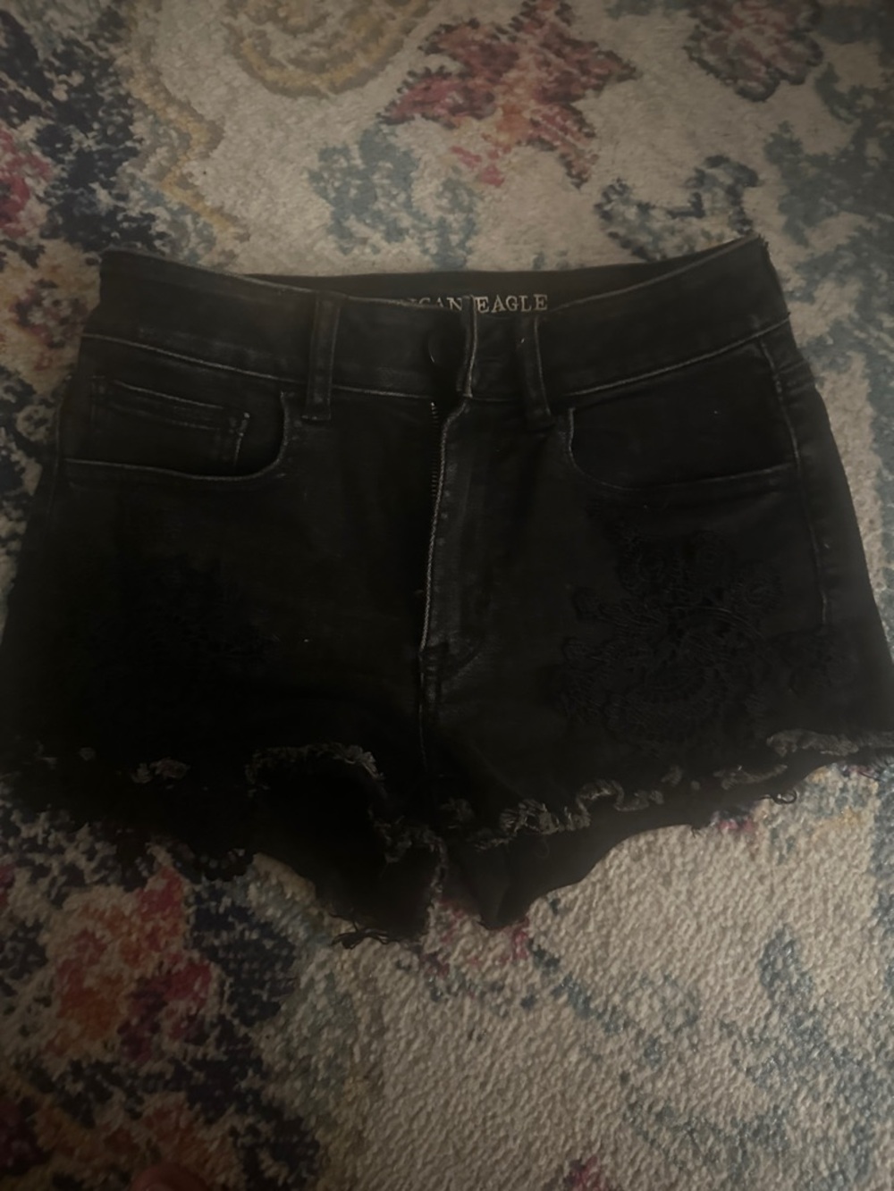 American Eagle Outfitters Black Denim Shorts with Floral Embroidery